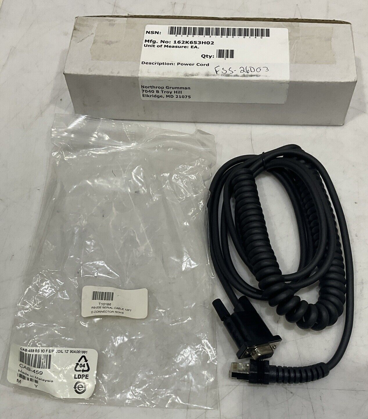 DATALOGIC CAB-459 RS-232 SERIAL CABLE POWER COIL 12 FT U3S